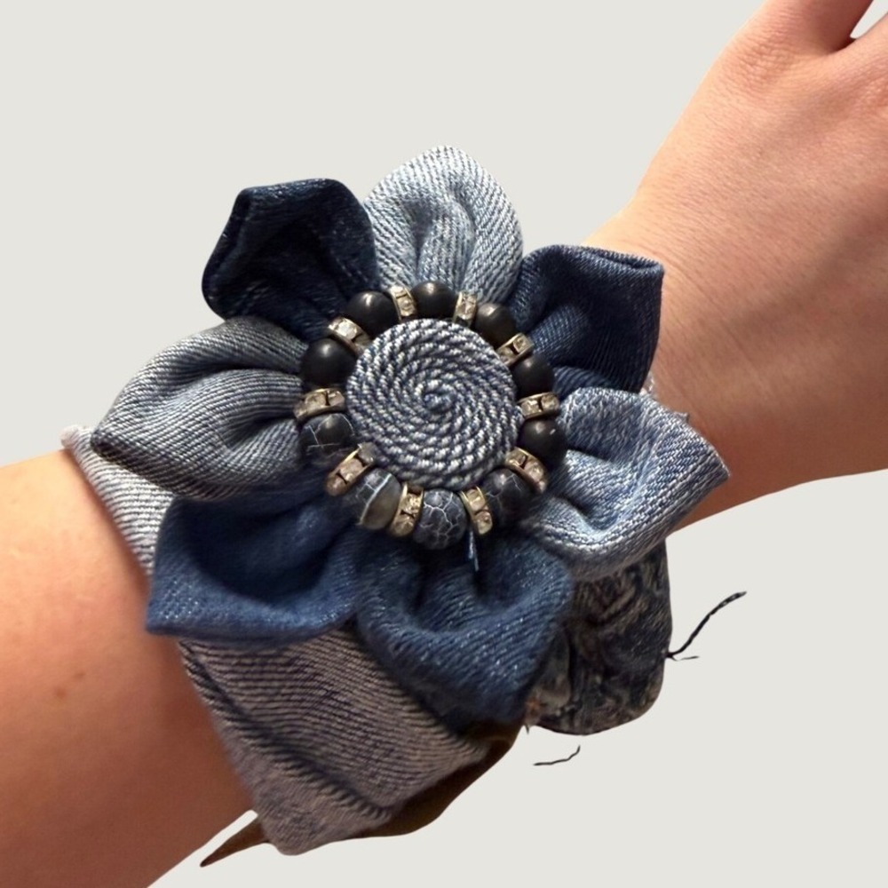 Handmade Denim Flower Headband OS Boho Recycled Jean Braided Blue Upcycled